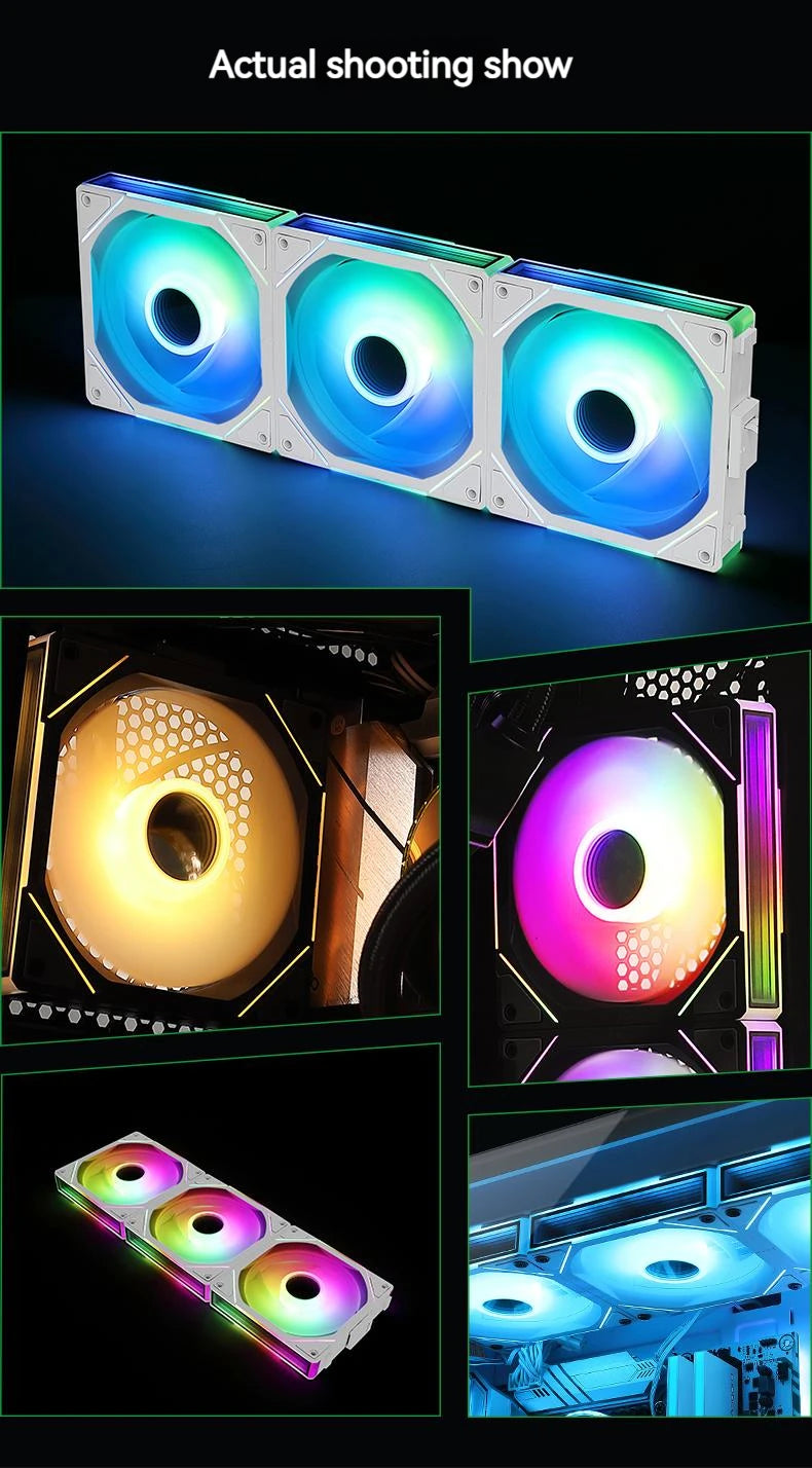 Darstellung eines 360mm ARGB PC-Kühlers mit Spiegel-Licht-Effekt aus verschiedenen Winkeln und Beleuchtung.