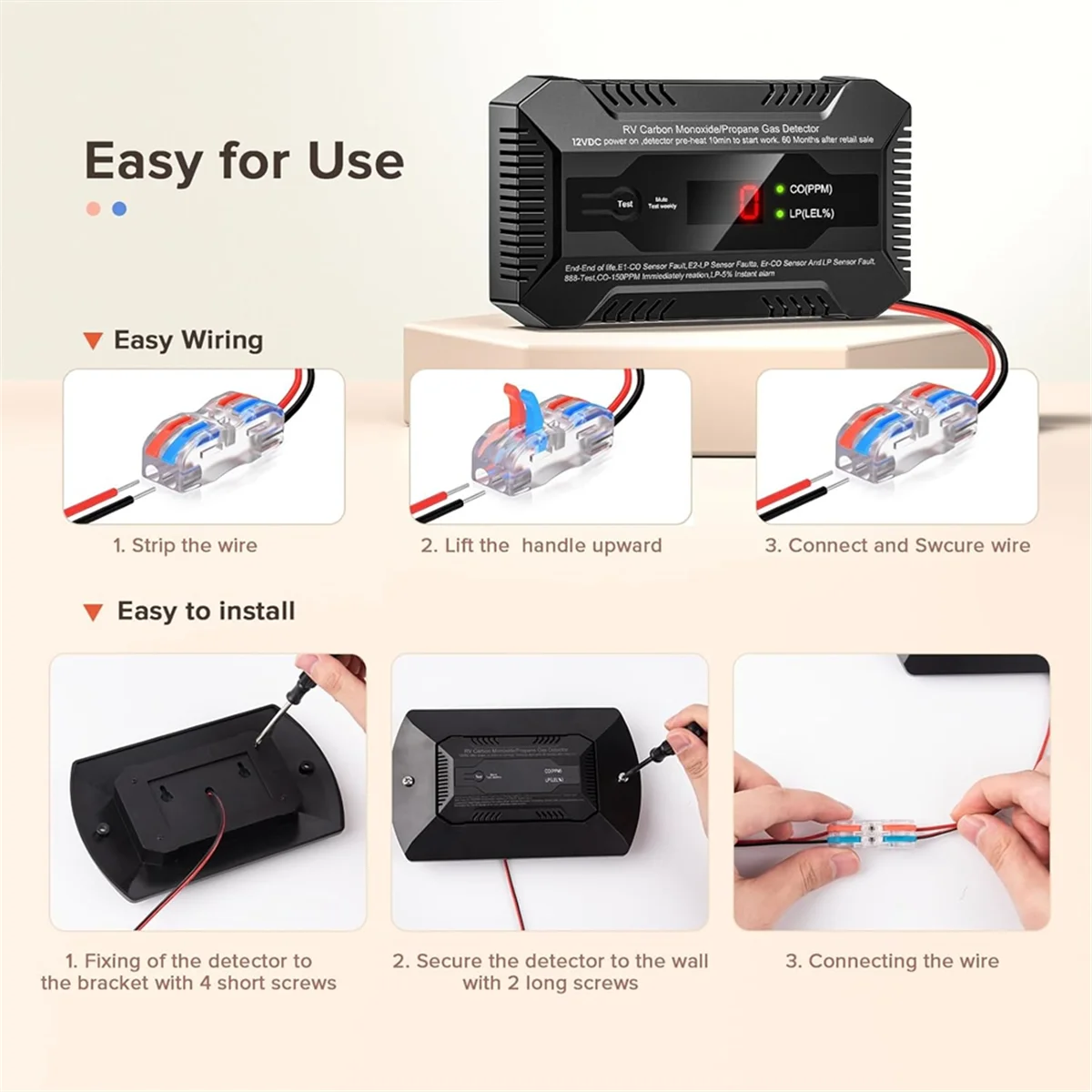 Instructions showing how to wire, install, and connect the RV Dual Gas Detector for Propane and Carbon Monoxide.