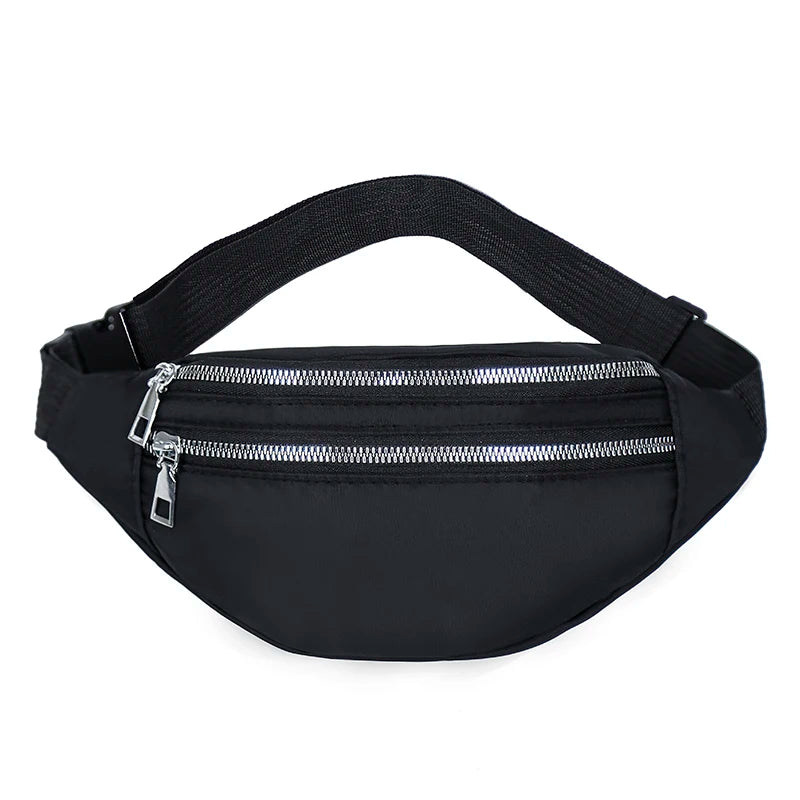 Black nylon waist pack with a zippered pocket and adjustable strap.