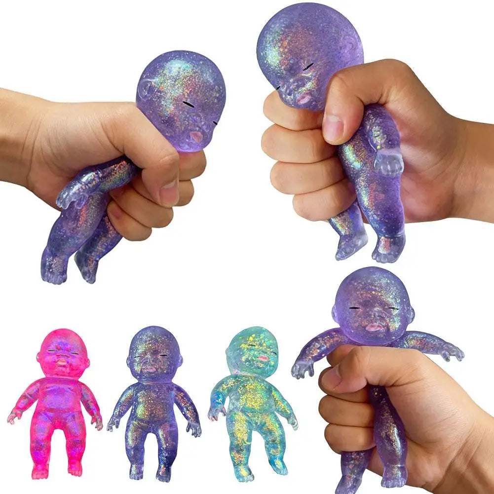 Hands hold and display various purple and pink glitter baby squishy fidget toys in different shapes
