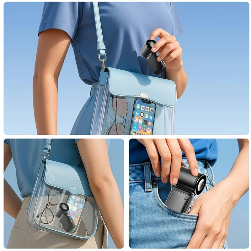 Une femme tient un ventilateur portable rechargeable USB bleu clair et son étui transparent.