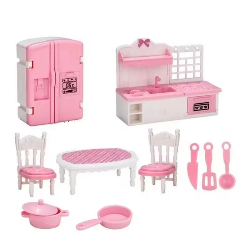 A pink dollhouse furniture set featuring a kitchen and dining area with various miniature items for creative play.