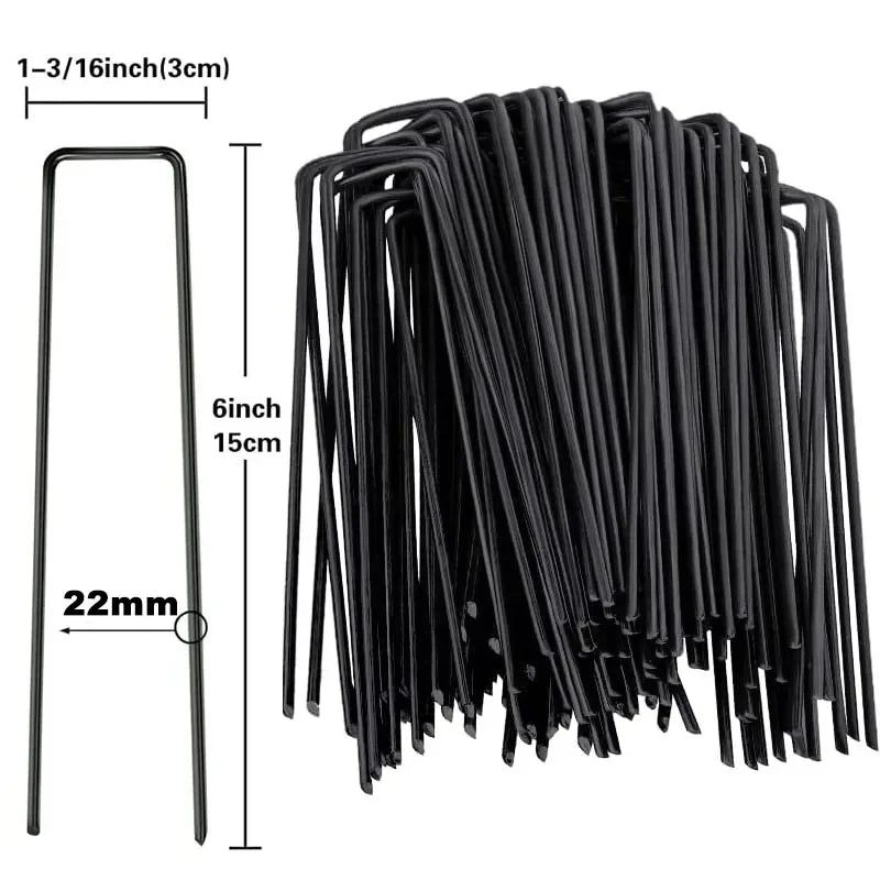 A bundle of black galvanized U-shaped garden staples with a 1-3/16 inch length.