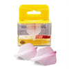 A yellow cardboard box containing precision dart flights with a big wing shape and graduated colors.