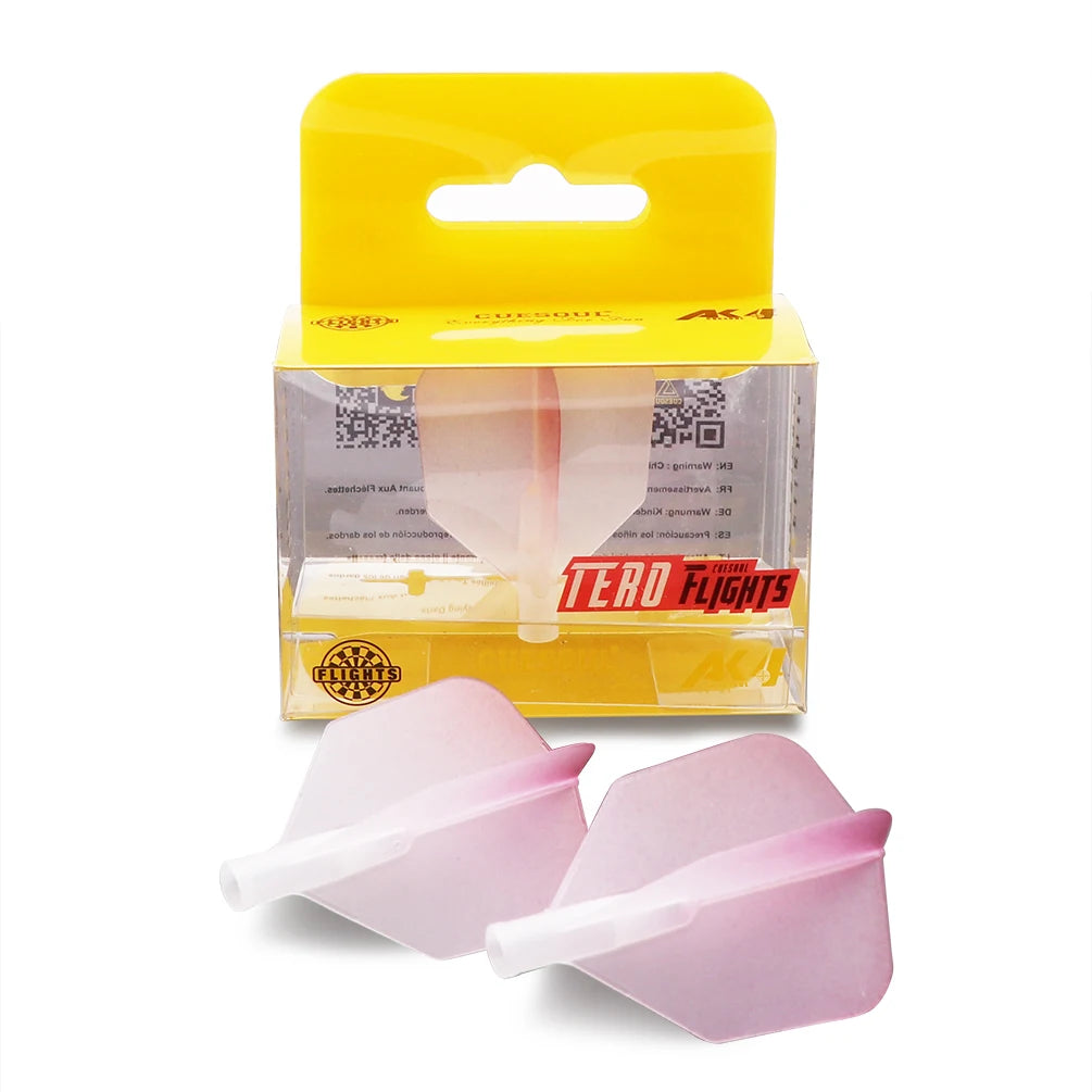 A yellow cardboard box containing precision dart flights with a big wing shape and graduated colors.
