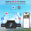 A black dash cam is shown with a smartphone displaying an app interface, demonstrating built-in WiFi and APP control features