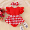 Baby Girl Plaid Romper Set with Bear Patch and Bow Headband