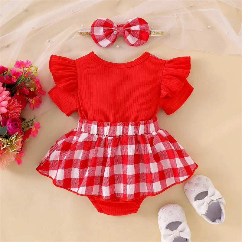 Baby Girl Plaid Romper Set with Bear Patch and Bow Headband