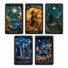A set of five tarot cards featuring illustrations for The Star, Queen of Wands, Five of Cups, Queen of Swords, and Knight of 