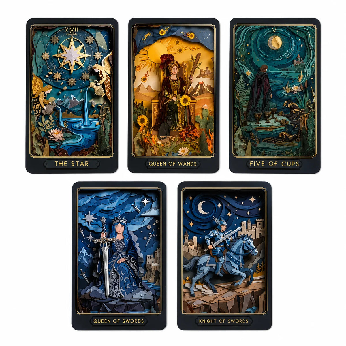 A set of five tarot cards featuring illustrations for The Star, Queen of Wands, Five of Cups, Queen of Swords, and Knight of 