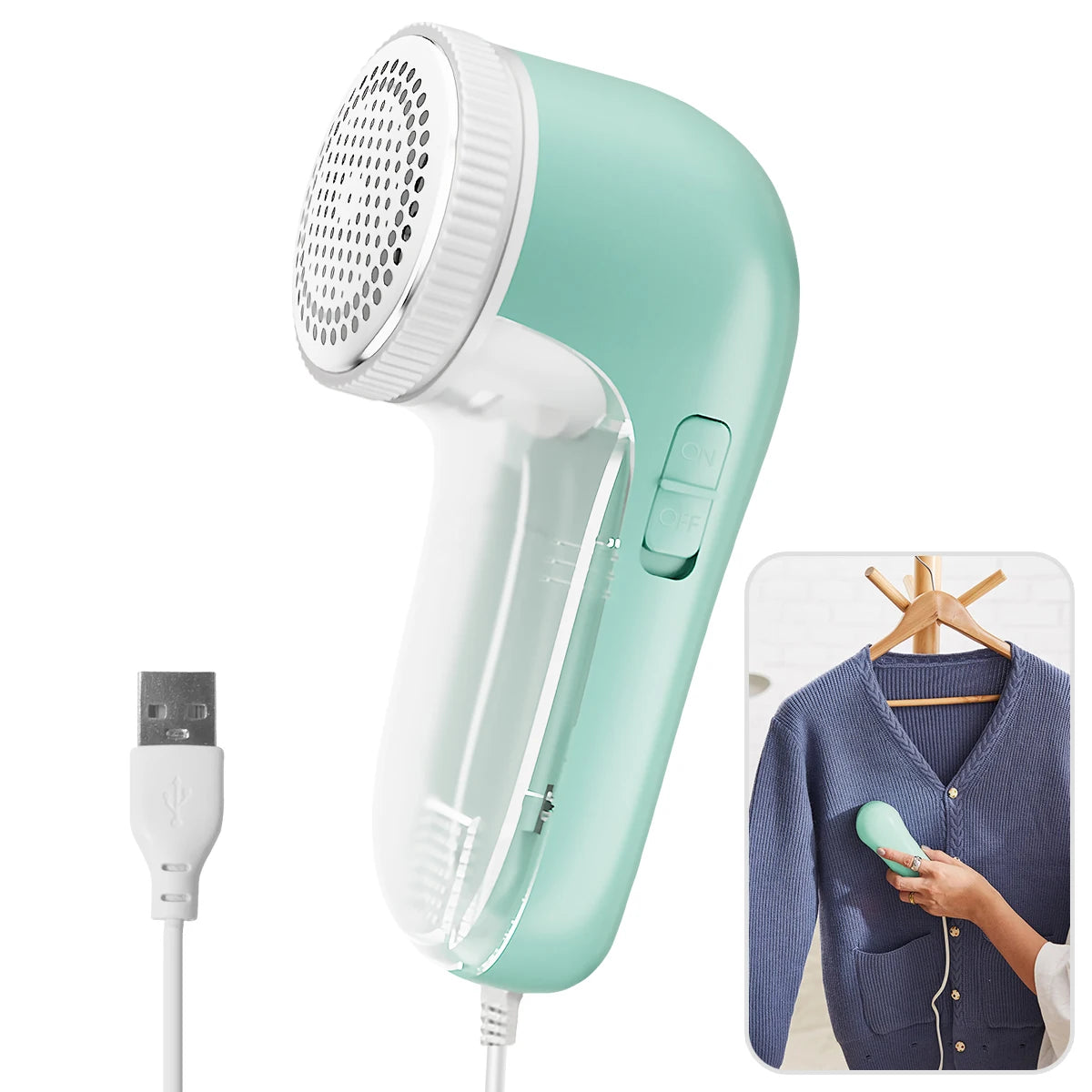 A light mint green portable electric lint remover device with a white grille and power cord.