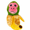 A plush toy of a green and pink lizard with a yellow, elongated body.