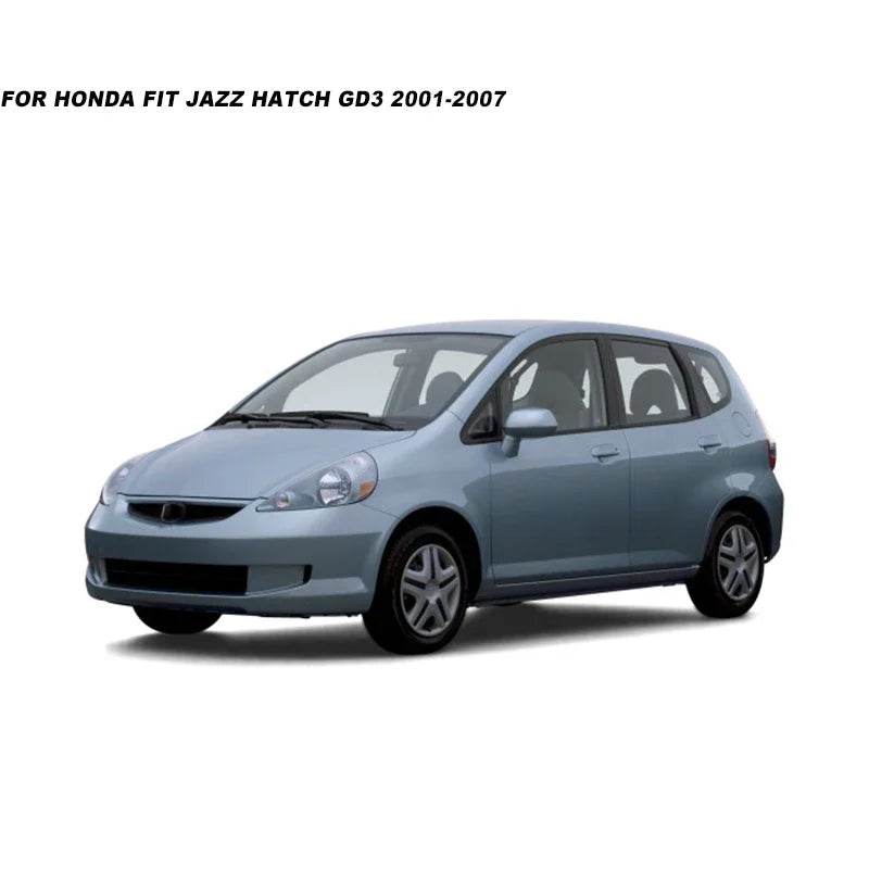A side view of a light blue Honda Fit Jazz hatchback with smoke window deflectors installed.