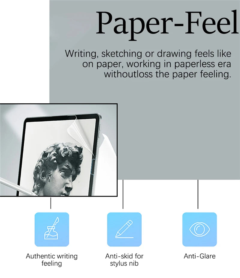 A close-up of a tablet screen showing a person's face, illustrating the Paper-Feel feature with icons for authentic writing f