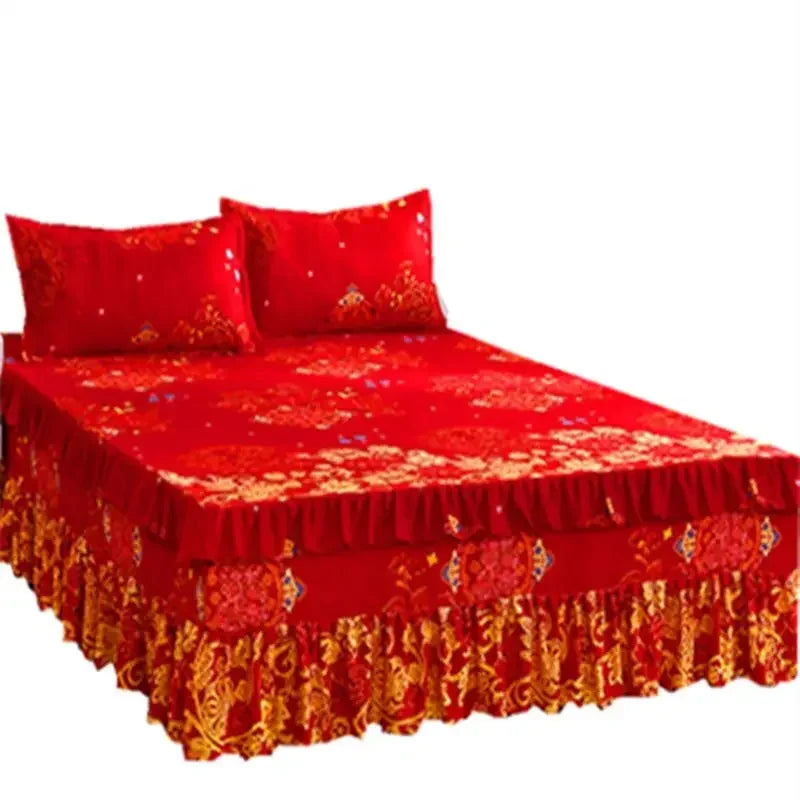 Elegant Elastic Fitted Bed Sheet Set with Lace Skirt and Pillowcases