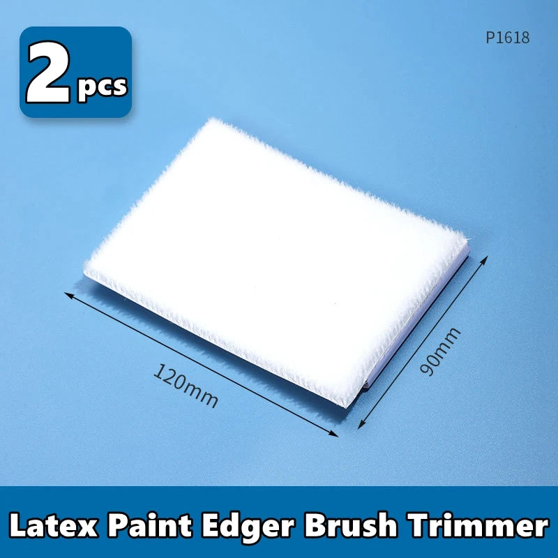 Two white latex paint edger brush trimmers shown on a blue background.