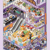 A colorful illustration of a game city scene featuring various shops, rides, and characters for scrapbooking.