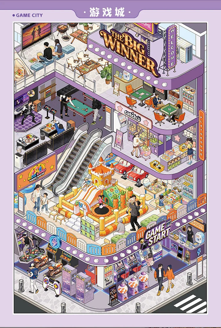 A colorful illustration of a game city scene featuring various shops, rides, and characters for scrapbooking.