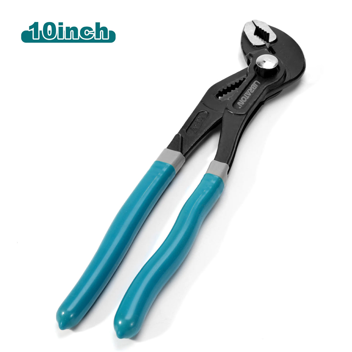 A pair of black and teal multi-function pliers with a quick-release adjustment mechanism.