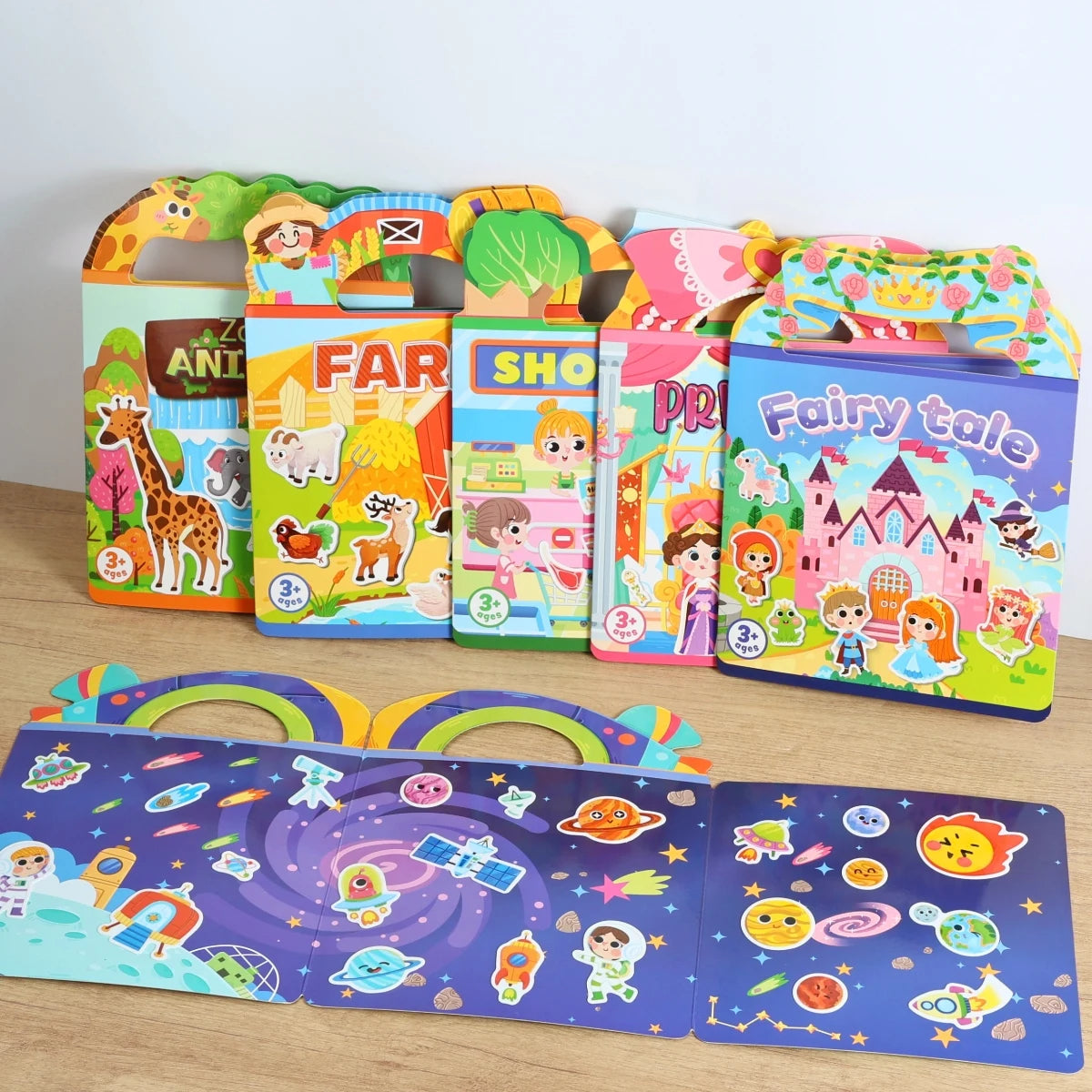 A colorful reusable sticker book for toddlers featuring various animal and fairy tale characters.