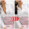 Before and after comparison of clothing repairs using a handheld stitch gun on a white shirt and plaid skirt.