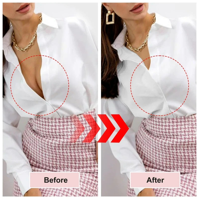 Before and after comparison of clothing repairs using a handheld stitch gun on a white shirt and plaid skirt.
