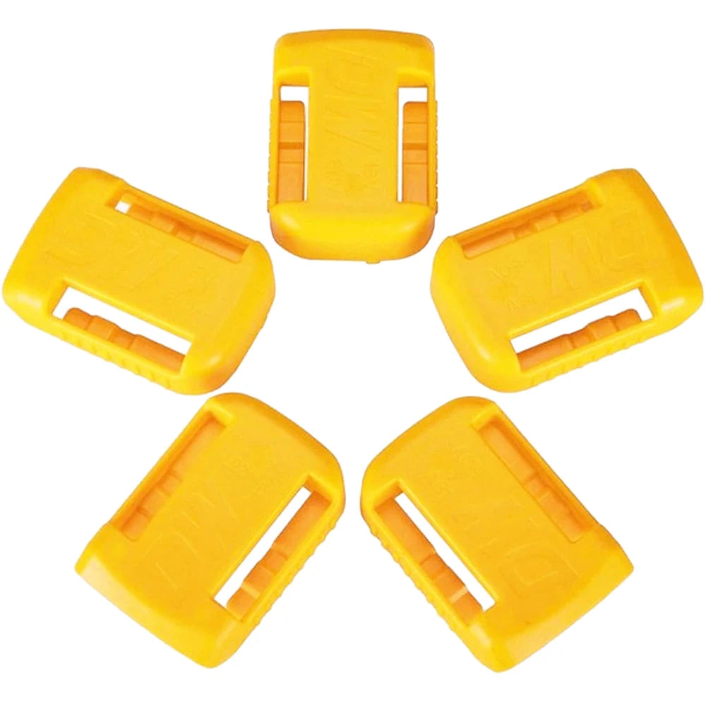 Five yellow plastic battery storage holders arranged in a circle.