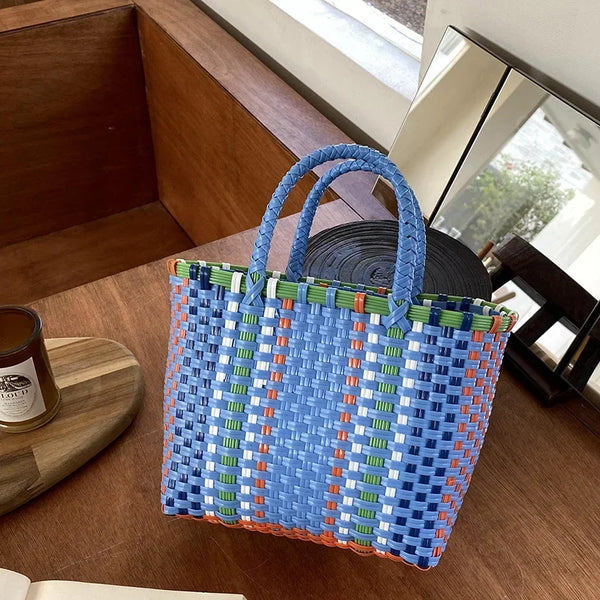 Hand-Woven PVC Tote Bag with Striped Patchwork Design