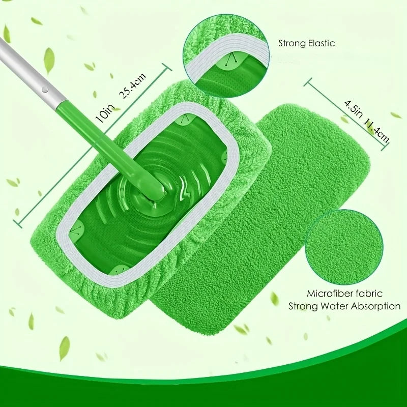 A green microfiber mop refill pad with a white border and a handle is shown alongside various product features.