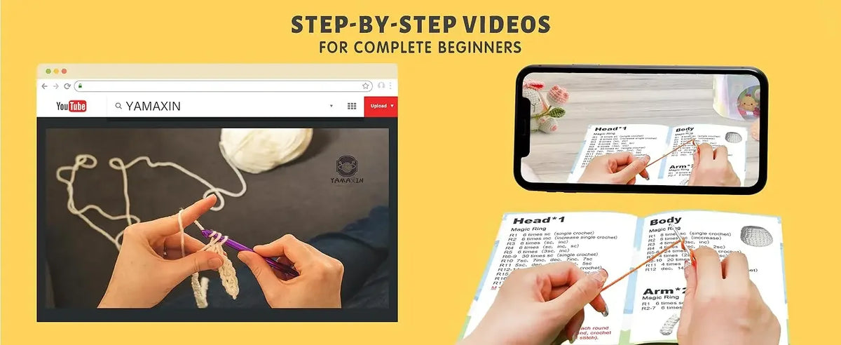 Step-by-step videos for beginners showing hands working on a crochet project with yarn and tools.