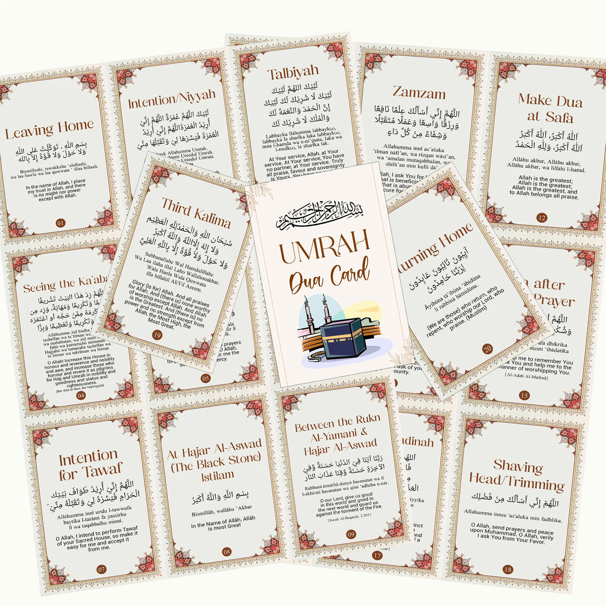 A set of portable Islamic Dua cards featuring Arabic text and decorative borders.