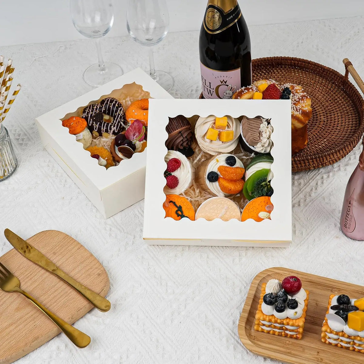 White bakery boxes with clear windows displaying various cookies, pastries, and fruit treats.