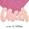 Pink chenille letter patch spelling Cheer with gold glitter outline