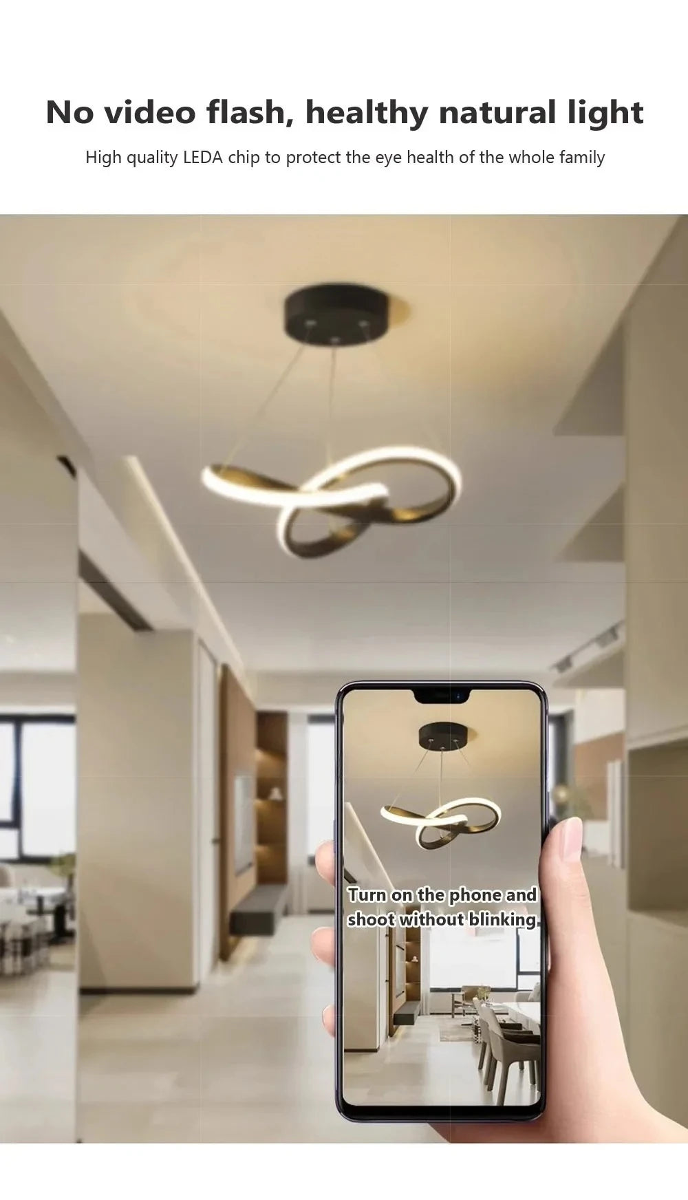 A hand holds a smartphone displaying a modern LED pendant light fixture in a bright interior setting.