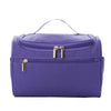 A purple waterproof hanging makeup bag with a zipper and gold hardware.