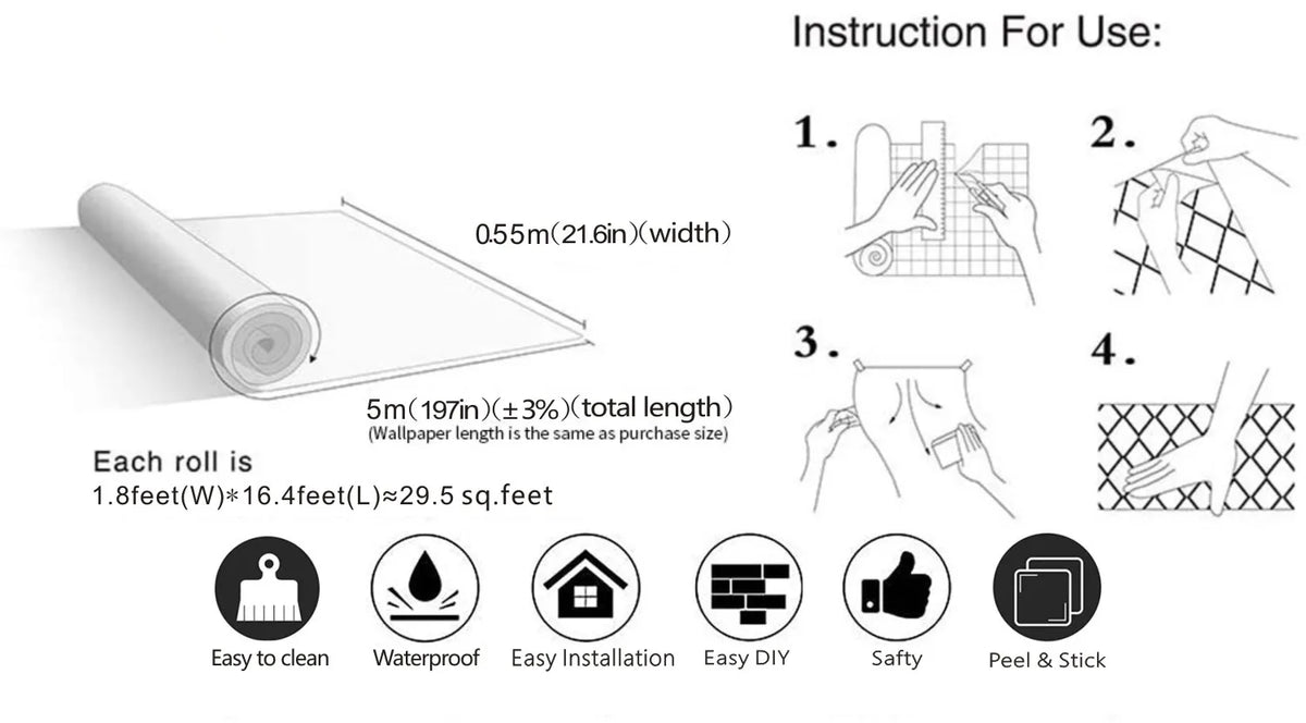 Instruction sheet showing how to use self-adhesive marble contact paper rolls for various DIY projects.