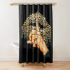 A black shower curtain featuring a leopard print design with a hand making a finger sign.