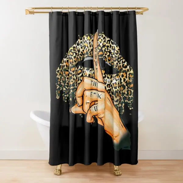 A black shower curtain featuring a leopard print design with a hand making a finger sign.