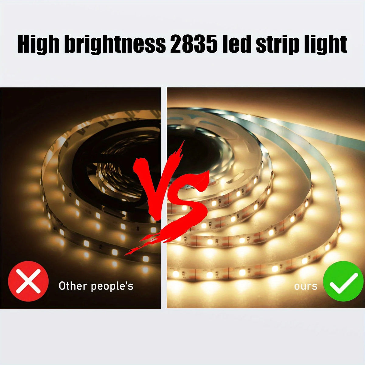Comparison showing a high brightness 2835 LED strip light versus another product.