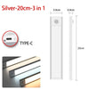 Silver 20cm 3 in 1 cabinet light featuring a Type-C connection and motion sensor.