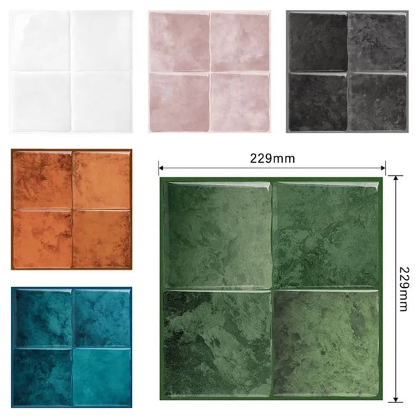 A collection of square 3D marble peel and stick backsplash tiles in white, pink, gray, orange, and various shades of green an