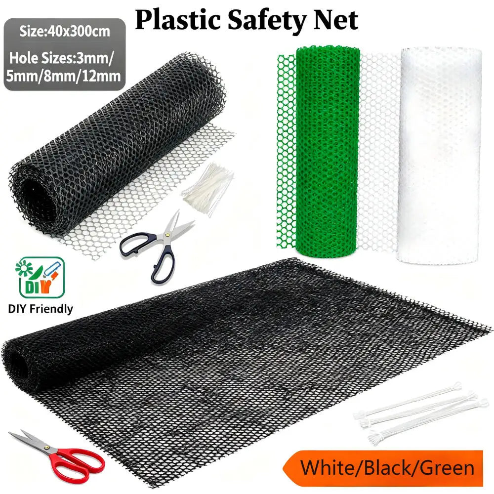 Rolls of plastic safety net in white, black, and green mesh sizes 3mm to 12mm for DIY projects
