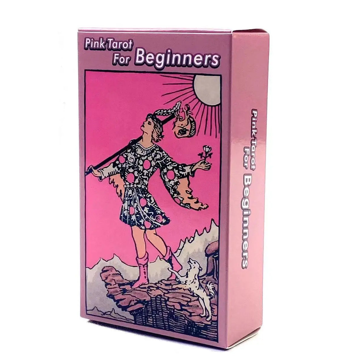 Pink Tarot For Beginners box featuring a pink background and an illustration of a figure under a sun.