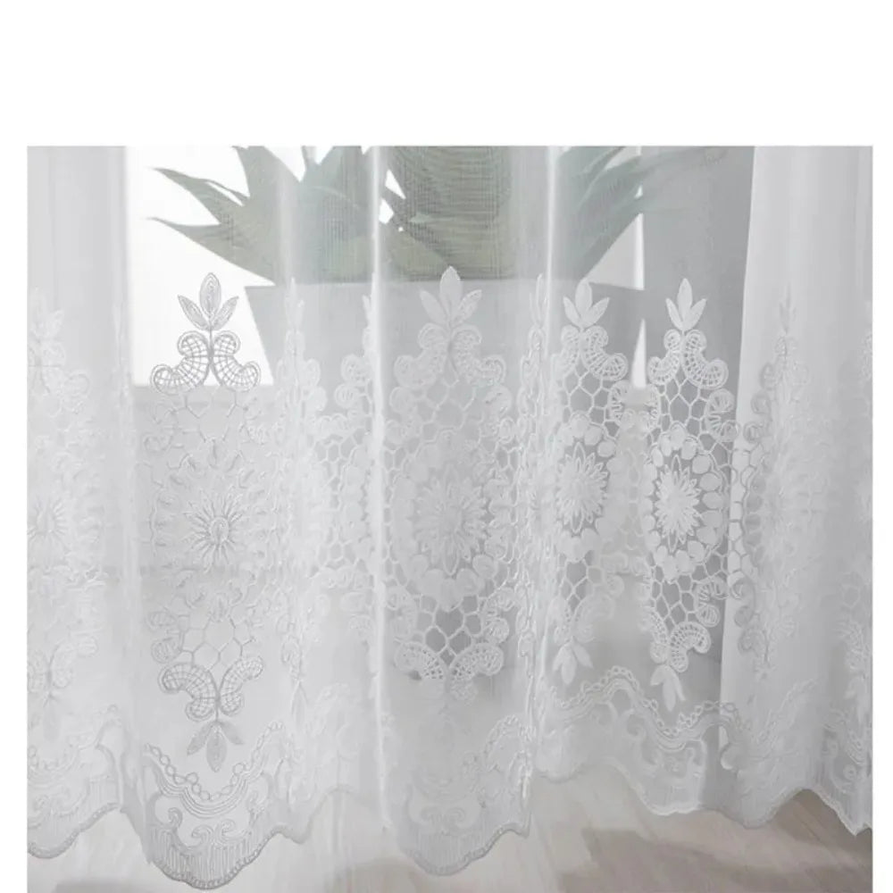 White embroidered sheer voile curtain panel with floral lace detailing