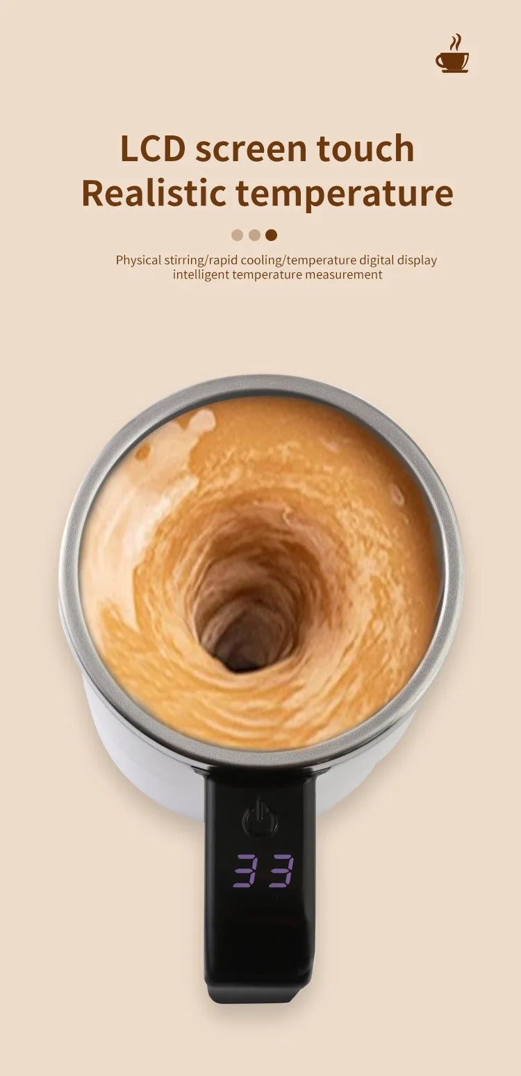 A close-up of a stainless steel mug with a lid and a black base, showing a swirling brown liquid inside.