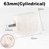 A white cylindrical cotton buffing wheel with a 63mm diameter and a 6.35mm shank is shown.