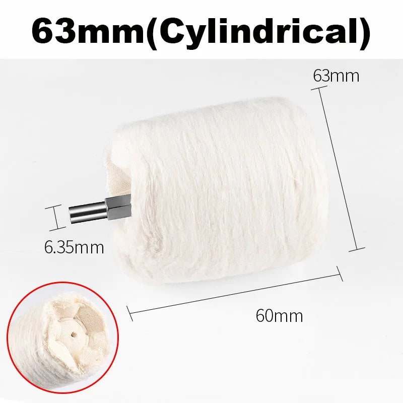 A white cylindrical cotton buffing wheel with a 63mm diameter and a 6.35mm shank is shown.