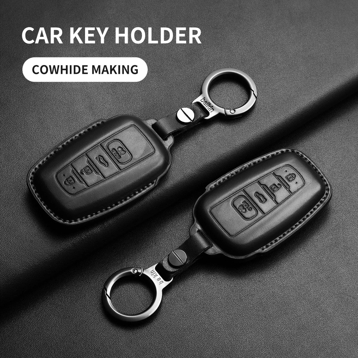 A black leather car key holder with a metal ring, showing two versions of the key case cover.