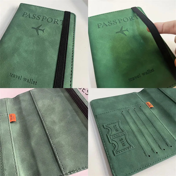A close-up of a dark green passport holder and travel wallet with a black zipper and embossed text.