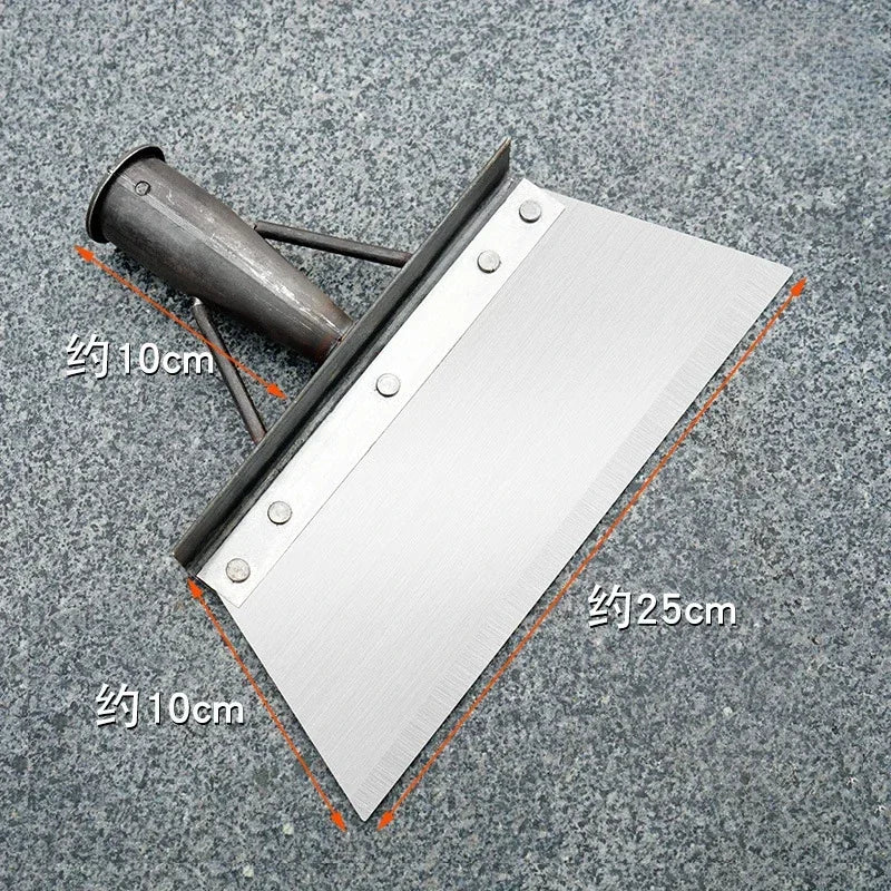 A silver metal cleaning shovel with a handle and blade, showing dimensions of 10cm and 25cm.